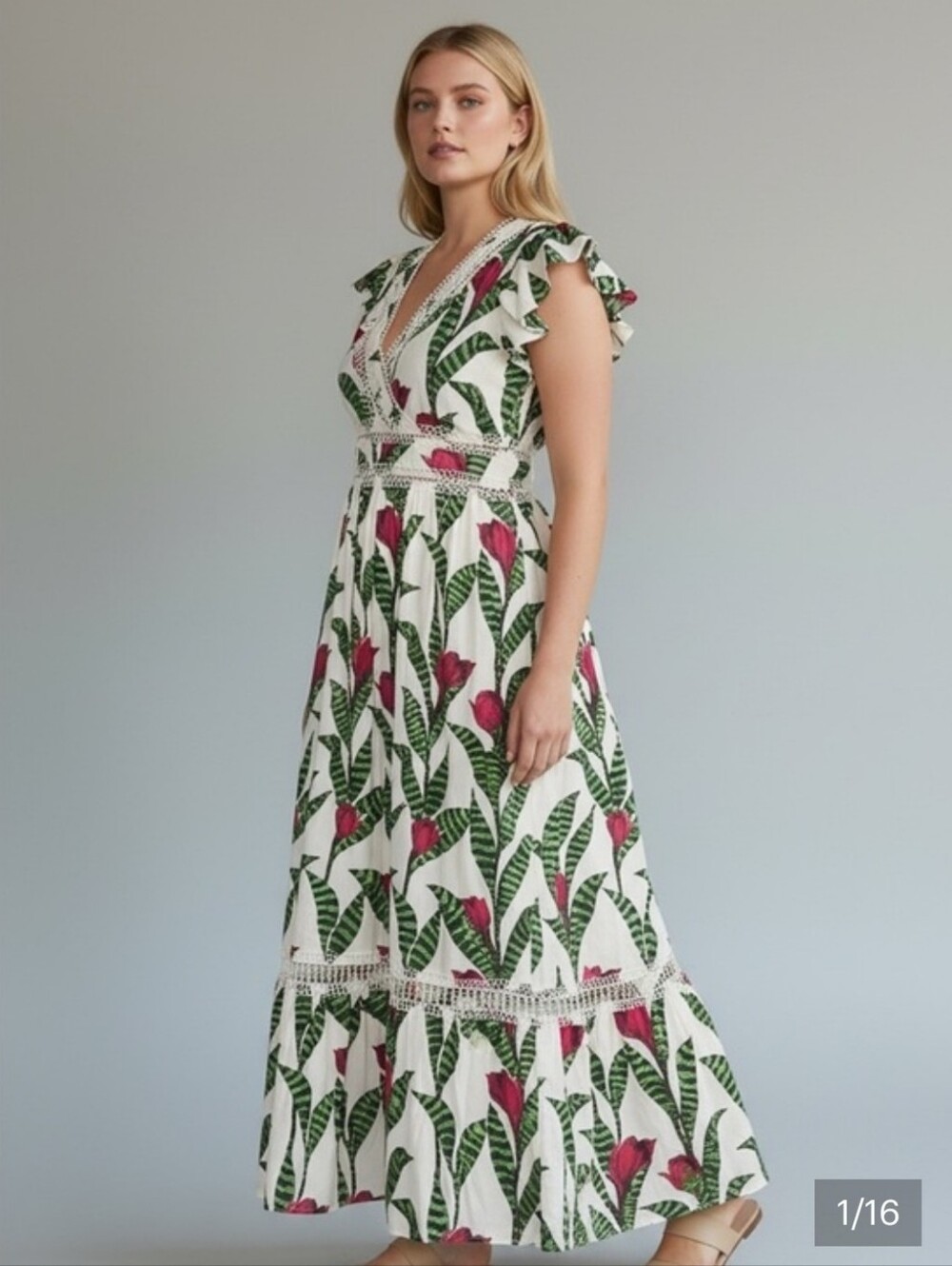 White Maxi Dress with Pink & Green Tropical Print